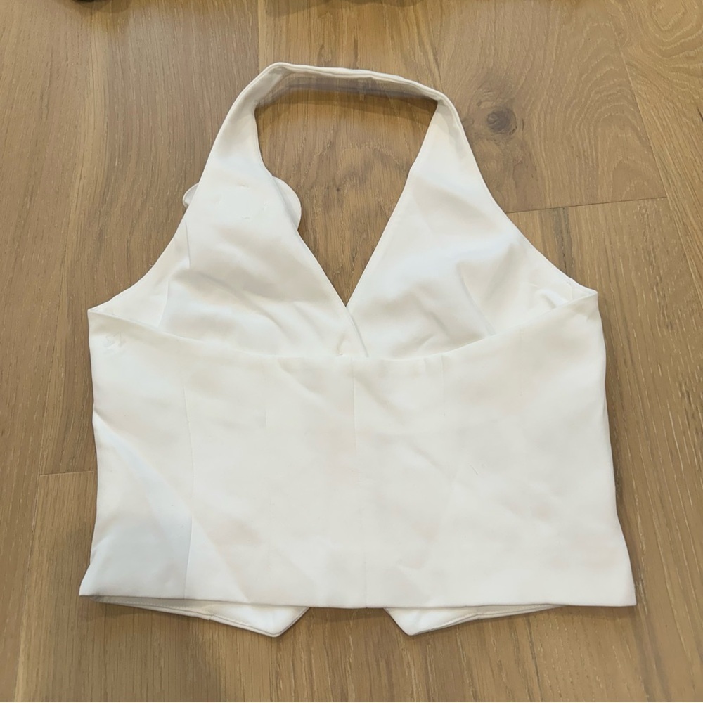 Mango White Vest Floral Applique Halter Bridal Rosette Suit Crop Top Medium - Picture 7 of 16